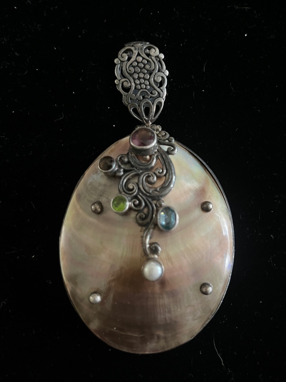 Silver tone Mother-of-Pearl Pendant with Multi-Gem Accents